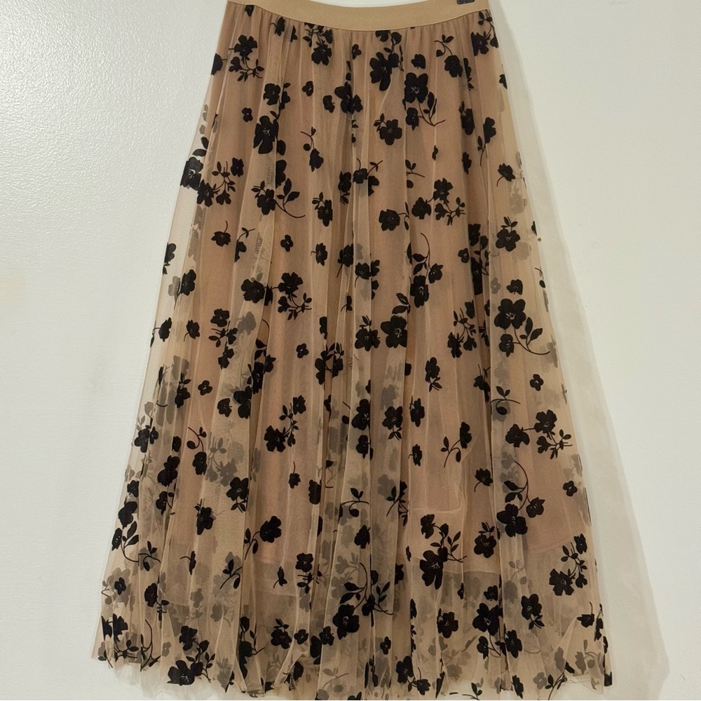Chicwish Floral Tulle Midi Skirt Beige Black Flocked Mesh